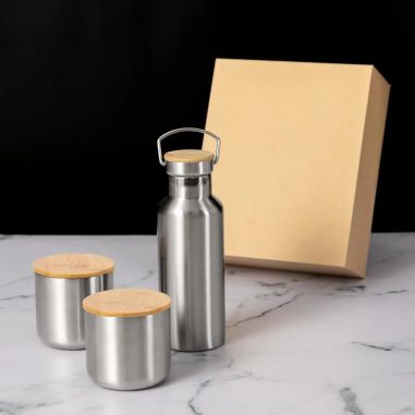 Set de Bidón y 2 Vasos Térmicos de Acero Inox y Detalles en Bambú | Goodie
