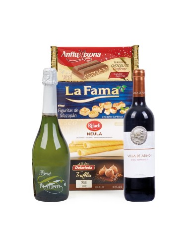 Lote de Navidad Económico con Dulces y Vino tinto y Espumoso