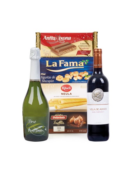 Lote de Navidad Económico con Dulces y Vino tinto y Espumoso