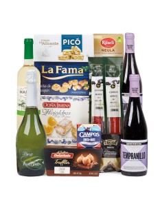 Lote 4 Tradicional Cesta de Navidad Ibérica, Dulces y Vino Blanco