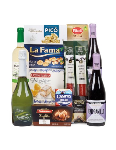 Lote 4 Tradicional Cesta de Navidad Ibérica, Dulces y Vino Blanco