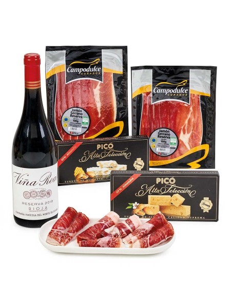 Caja Lote Gourmet para Regalar en Navidad con Jamón Serrano, Rioja y Turrones