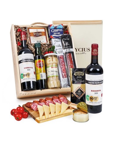 Cesta Gourmet Estuche de Madera Ibéricos, Queso y Vino para Regalar
