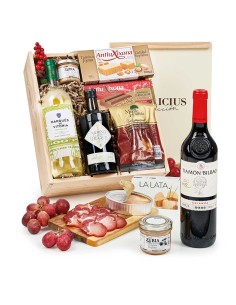 Cesta Caja con Productos Gourmet: Lomo Ibérico, Vinos y AOVE