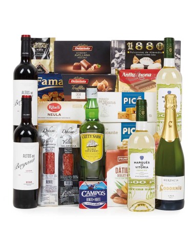 Lote 12 – Cesta con Whisky, Ibéricos y Dulces Premium