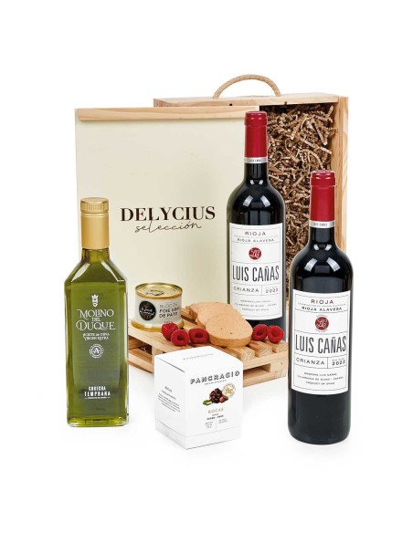 Cesta Caja con Productos Gourmet: Rioja, AOVE y Foie en Caja de Madera