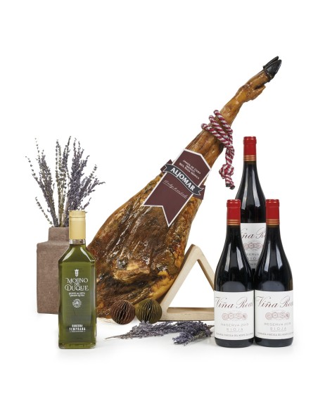Lote navideño 32 con Jamón ibérico Aljomar y Rioja Reserva