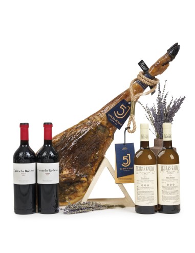 Caja Jamonera de Madera 5J Bellota Ibérico con vinos de autor