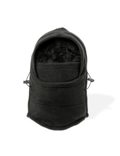 Braga gorro de polar fleece personalizada en negro, vista frontal con capucha abierta
