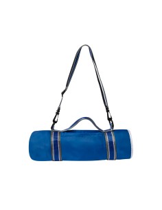 Manta de picnic premium personalizada en azul, enrollada con correa