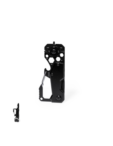 Multiherramienta de aluminio con 13 funciones personalizada, junto a un objeto pequeño