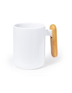 Taza de cerámica de 480 ml con asa plana de bambú personalizada, vista de perfil