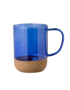 Taza de cristal de borosilicato azul y corcho de 450 ml personalizada, otro ángulo
