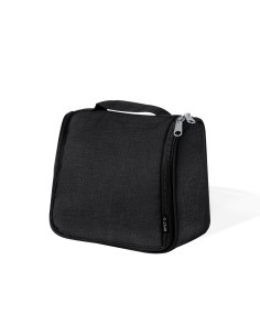 Neceser colgante de RPET negro con gancho de sujeción personalizado, vista de perfil con el asa