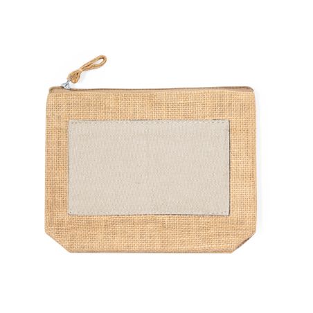 Neceser de yute laminado y algodón personalizado con parche beige natural