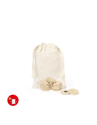Set de 12 imanes hexagonales de bambú en bolsa de algodón