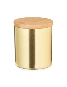 Vela aromática en tarro de metal dorado con tapadera de bambú personalizada, cerrada