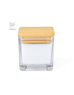 Vela aromática en tarro de cristal cuadrado con cera color blanco personalizada