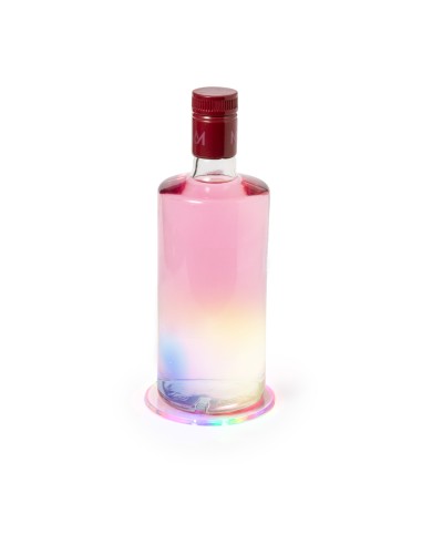 Posavasos de acrílico con 6 LEDs personalizado, con una botella encima iluminada