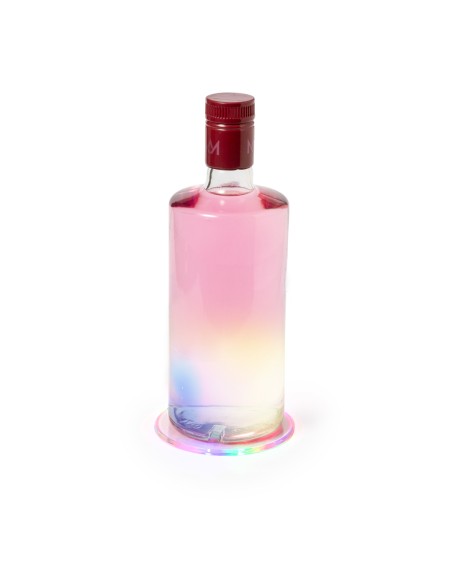 Posavasos de acrílico con 6 LEDs personalizado, con una botella encima iluminada