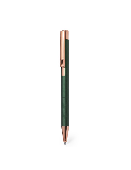 Bolígrafo de aluminio mate con acabados en cobre y carga jumbo personalizado en color verde oscuro