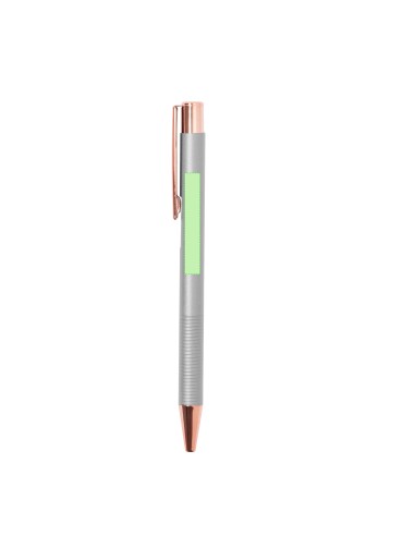 Bolígrafo de aluminio mate con acabados en cobre y carga jumbo personalizado en color gris, con detalle verde