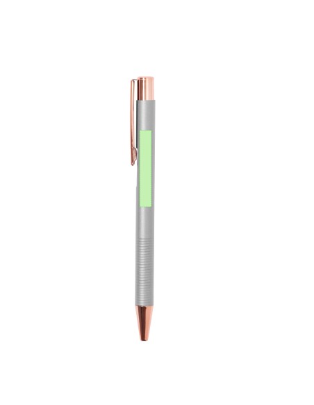 Bolígrafo de aluminio mate con acabados en cobre y carga jumbo personalizado en color gris, con detalle verde