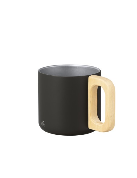 Taza de acero inoxidable reciclado de 400 ml con asa de madera personalizada en color negro