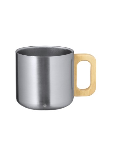 Taza de acero inoxidable reciclado de 400 ml con asa de madera personalizada en color plateado