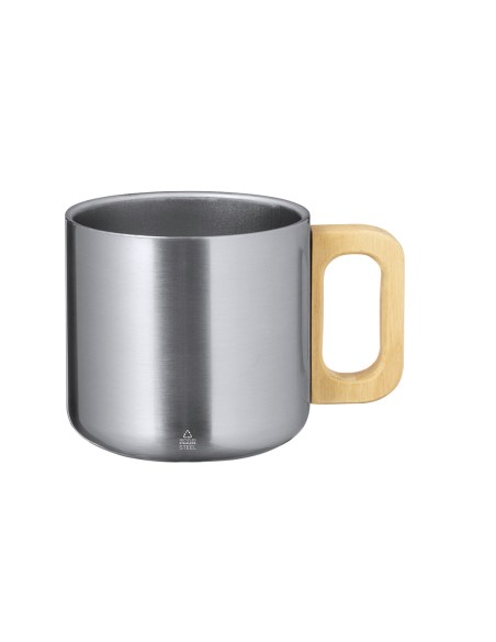 Taza de acero inoxidable reciclado de 400 ml con asa de madera personalizada en color plateado