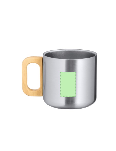 Taza de acero inoxidable reciclado de 400 ml con asa de madera personalizada en color plateado, otra vista