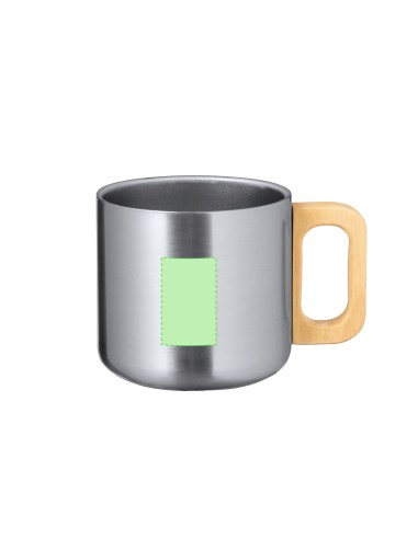 Taza de acero inoxidable reciclado de 400 ml con asa de madera personalizada en color negro, otra vista