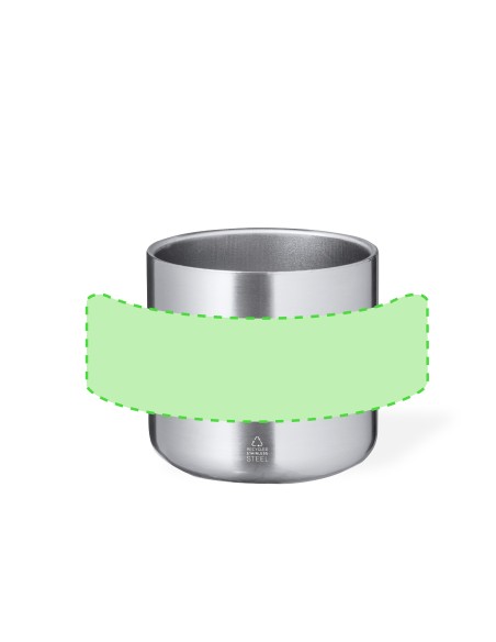 Taza de acero inoxidable reciclado de 400 ml con asa de madera personalizada en color plateado, zona de impresión marcada, otro 