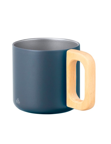 Taza de acero inoxidable reciclado de 400 ml con asa de madera personalizada en color azul marino, otra vista