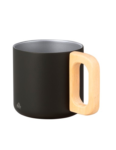 Taza de acero inoxidable reciclado de 400 ml con asa de madera personalizada en color negro, con zona de impresión marcada