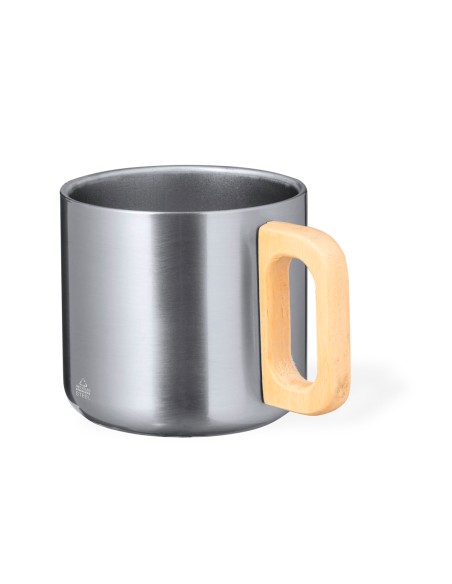 Taza de acero inoxidable reciclado de 400 ml con asa de madera personalizada en color plateado, otro ángulo