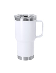 Taza térmica de acero inox reciclado con cierre a presión personalizada en color blanco, otra vista completa