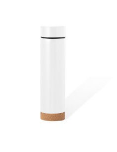 Termo de acero inox con infusor y base de corcho de 470 ml personalizado en color blanco