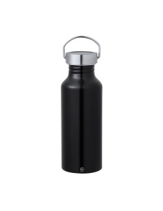 Bidón de aluminio reciclado con certificación GRS de 650 ml personalizado en color negro, vista completa