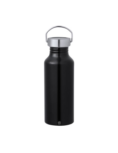 Bidón de aluminio reciclado con certificación GRS de 650 ml personalizado en color negro, vista completa