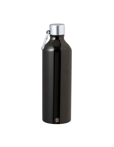 Bidón de aluminio reciclado con mosquetón de 800 ml personalizado en color negro, vista completa