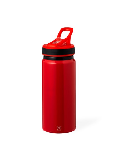 Bidón de aluminio reciclado con certificación GRS y pajita de 680 ml personalizado en color rojo