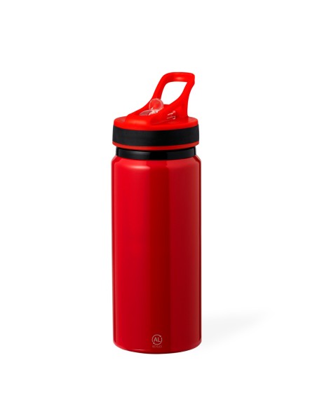 Bidón de aluminio reciclado con certificación GRS y pajita de 680 ml personalizado en color rojo