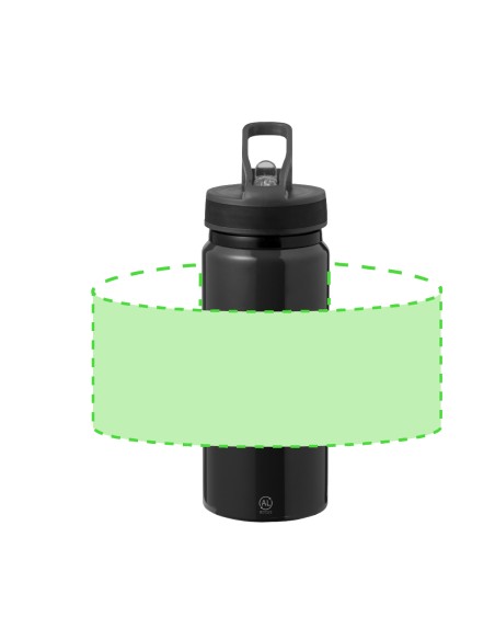 Bidón de aluminio reciclado con certificación GRS y pajita de 680 ml personalizado en color negro, con zona de impresión marcada