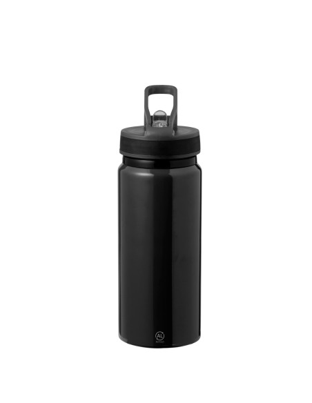 Bidón de aluminio reciclado con certificación GRS y pajita de 680 ml personalizado en color negro, otra vista