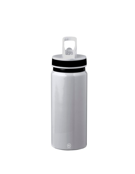 Bidón de aluminio reciclado con certificación GRS y pajita de 680 ml personalizado en color plateado, otra vista