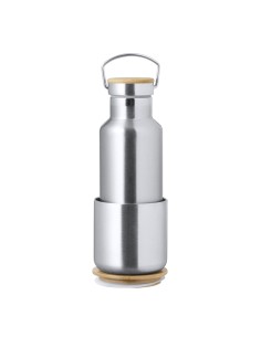 Set de bidón y 1 vaso térmico de acero inox y bambú personalizado, vista completa del bidón y el vaso
