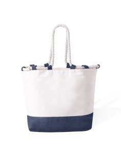 Bolsa de algodón y yute con asas de cuerda blanca personalizada en color natural con base azul marino