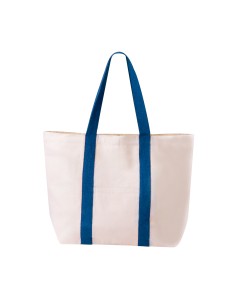 Bolsa de algodón con cierre de botón y dos bolsillos personalizada en color natural con asas azul marino