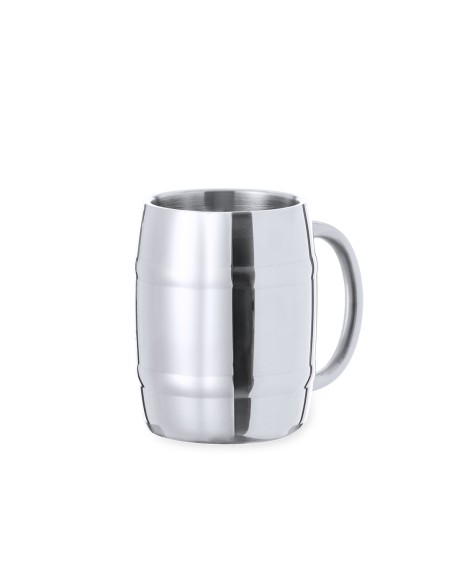Jarra de acero inox con forma de barril personalizada, vista frontal